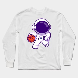 Cute Astronaut Playing Basketball Cartoon Long Sleeve T-Shirt